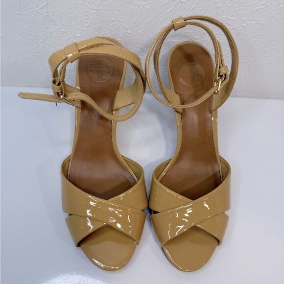 TORY BURCH Tania Patent Leather Open Toe Ankle Strap Sandals Heels Camel Tan 6.5 - Picture 1 of 7